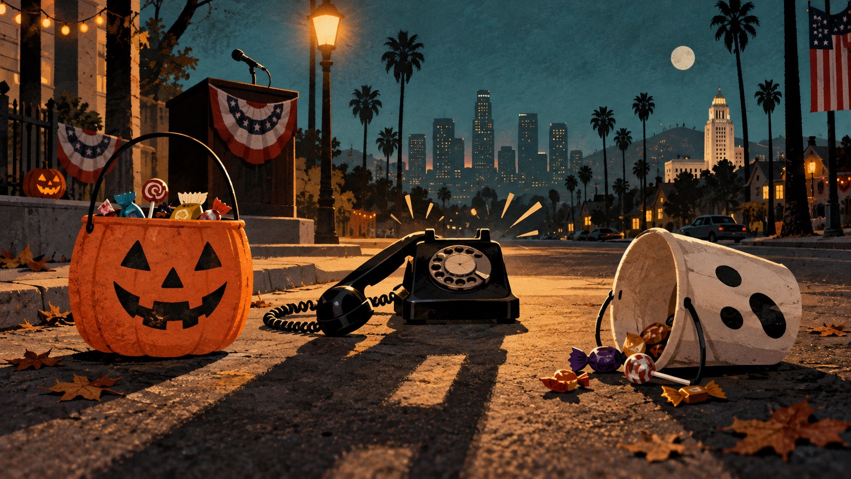 Eigen illustratie: twee Halloween-snoepemmers bij een rinkelende telefoon voor een verkiezingspodium in Los Angeles; geen filmbeeld.