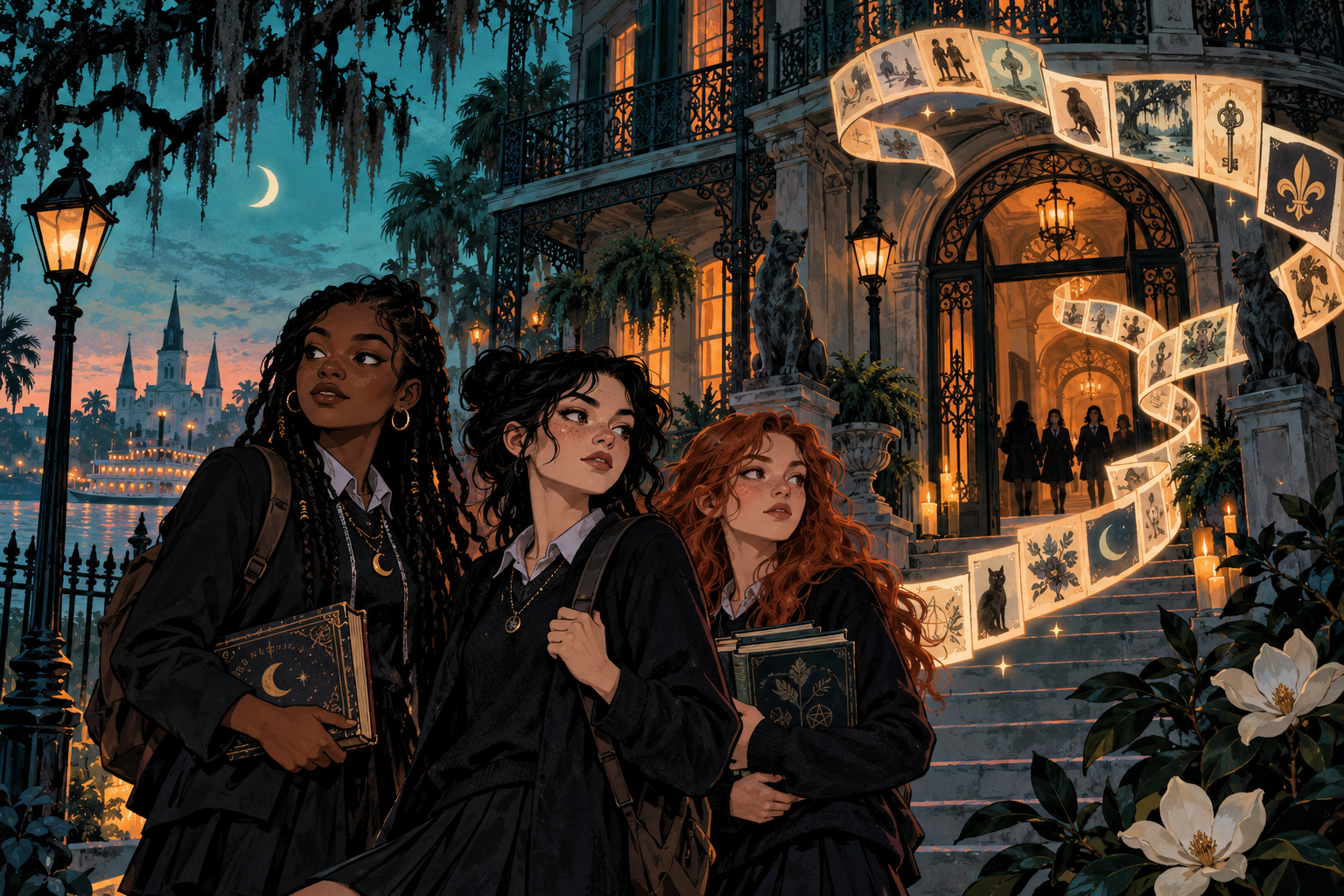 Getekende jonge heksen bij een magieschool in New Orleans, verbonden door een lint van kleine verlichte hoofdstukpanelen.