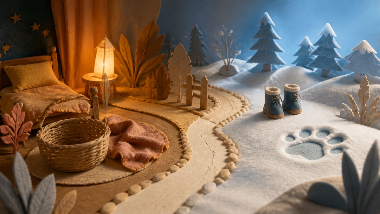 Een handgemaakt filmpad tussen een leeg knuffelmandje bij een bed en kleine winterlaarsjes naast een grote vriendelijke pootafdruk in de sneeuw.