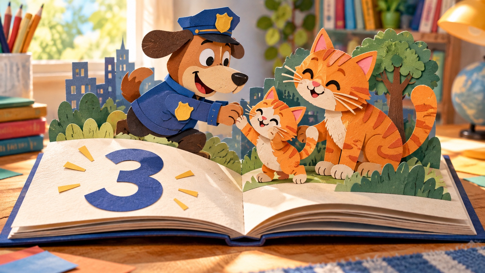 Eigen papieren illustratie van een hondenagent, een oranje kat en een kitten die uit een open boek met het cijfer drie springen; geen filmstill of originele boekillustratie.
