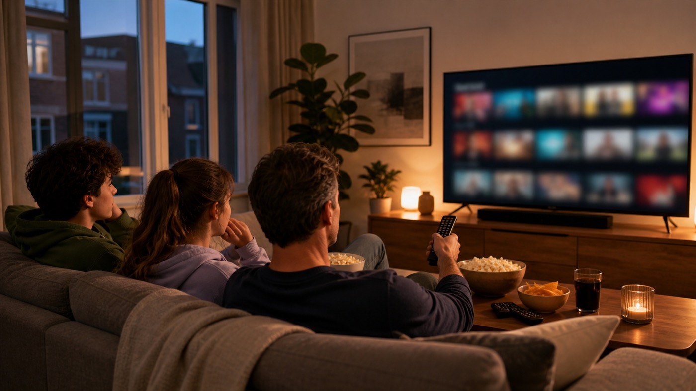 Een gezin met tieners kiest samen een film voor de avond.