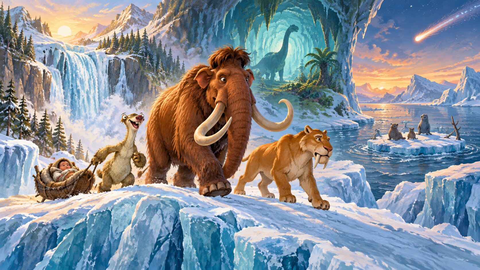 Een geïllustreerde prehistorische kudde loopt langs smeltend ijs, een dinosaurusgrot, zee en een komeet; eigen illustratie, geen filmbeeld.