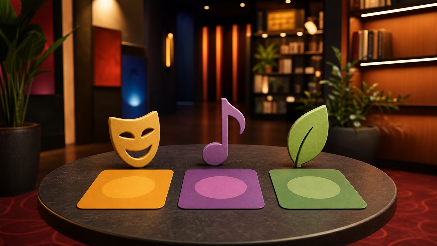 Drie abstracte stemmingstokens op een ronde tafel als streamingkeuzehulp.