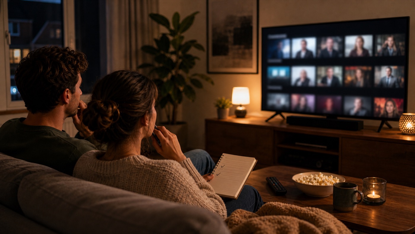 Een kijker beoordeelt een serie met notities en abstracte streamingtegels op tv.