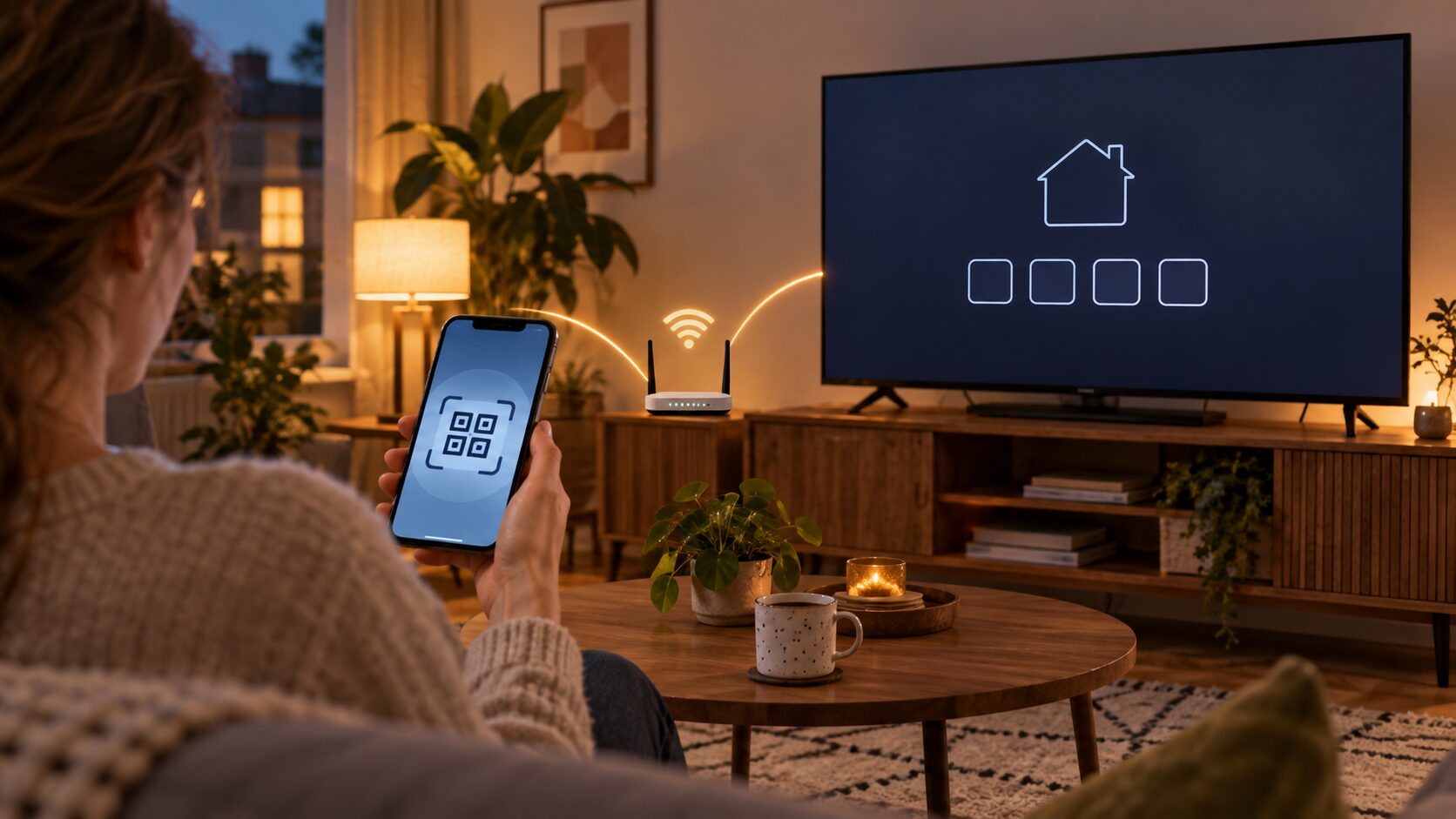 Illustratie van een kijker met telefoon naast een tv die een huishoudcode vraagt; beide staan op hetzelfde thuisnetwerk.