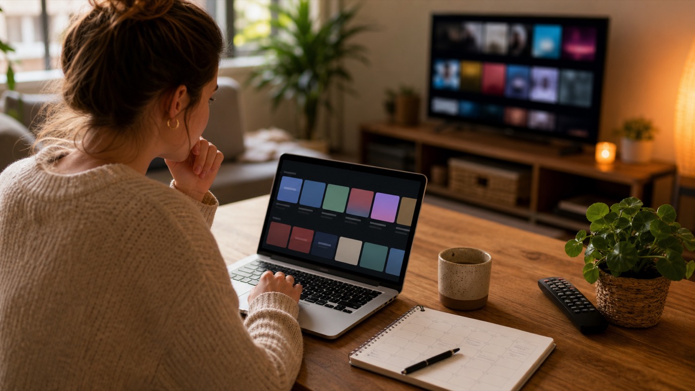 Een laptop en kalender op tafel tijdens het opruimen van streamingabonnementen.