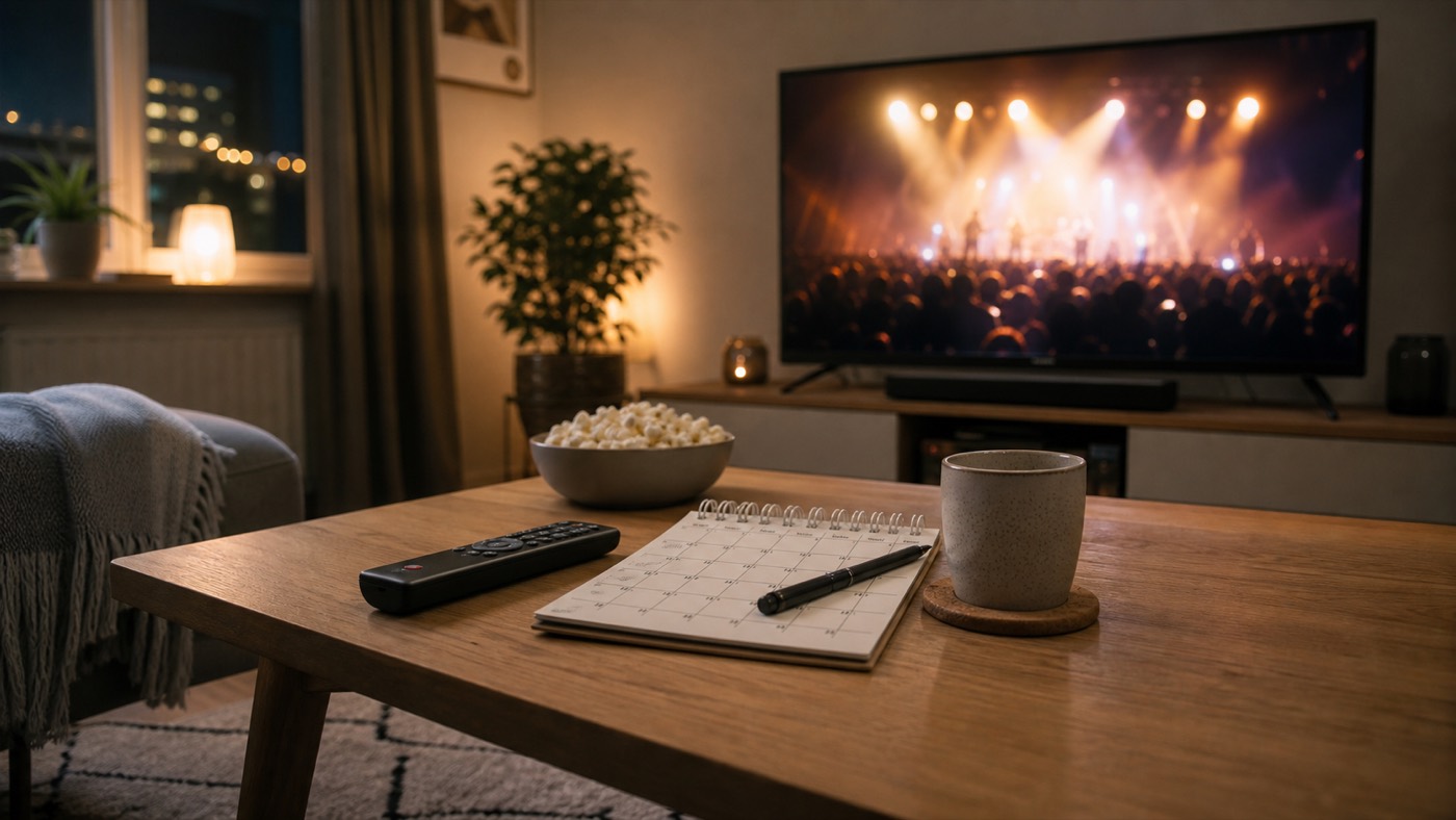 Een woonkamer met een concertregistratie op tv, afstandsbediening en kalender op tafel.