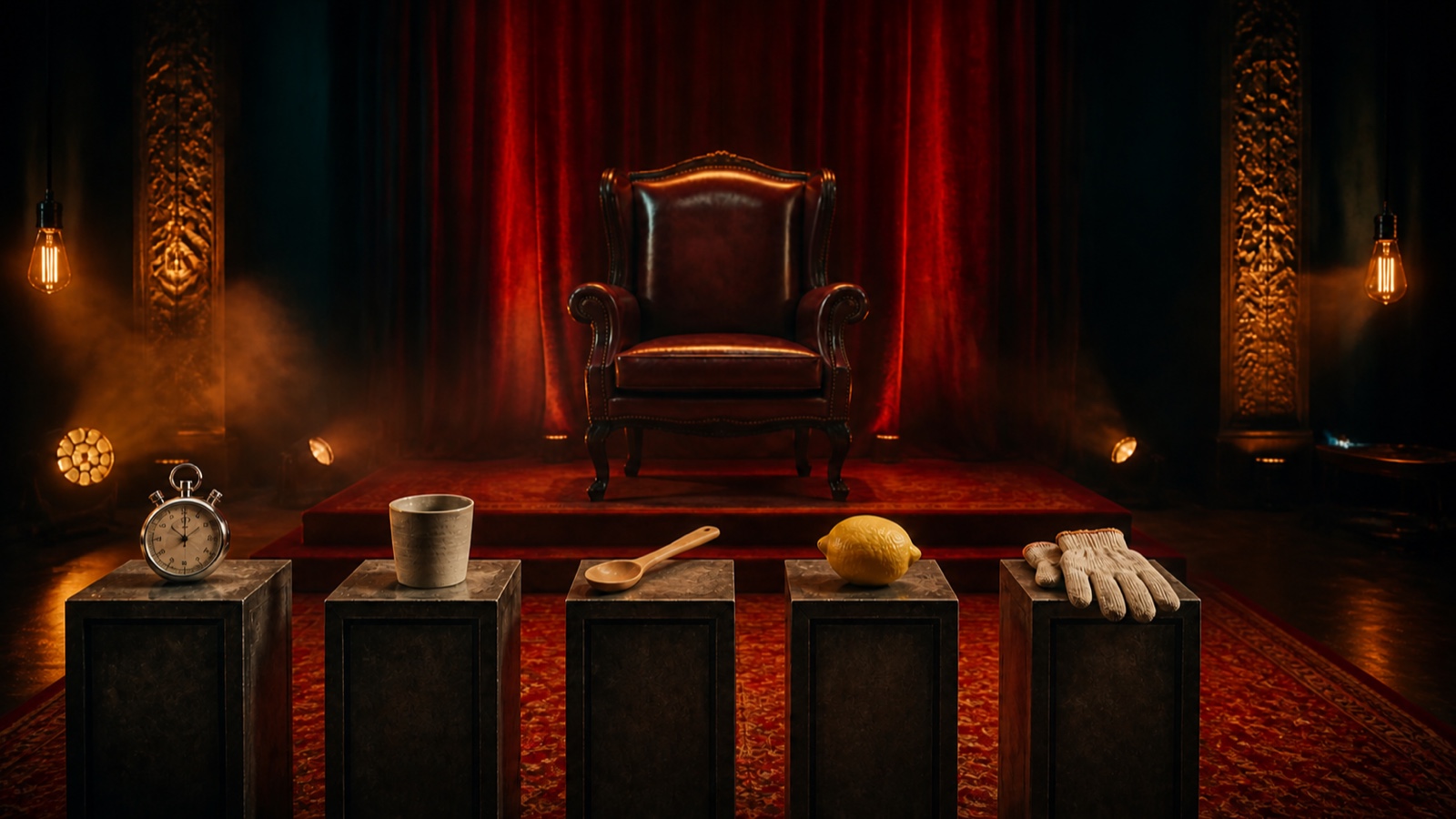 Een lege juryzetel boven vijf genummerde sokkels met een stopwatch en vreemde alledaagse voorwerpen op een theatraal podium.