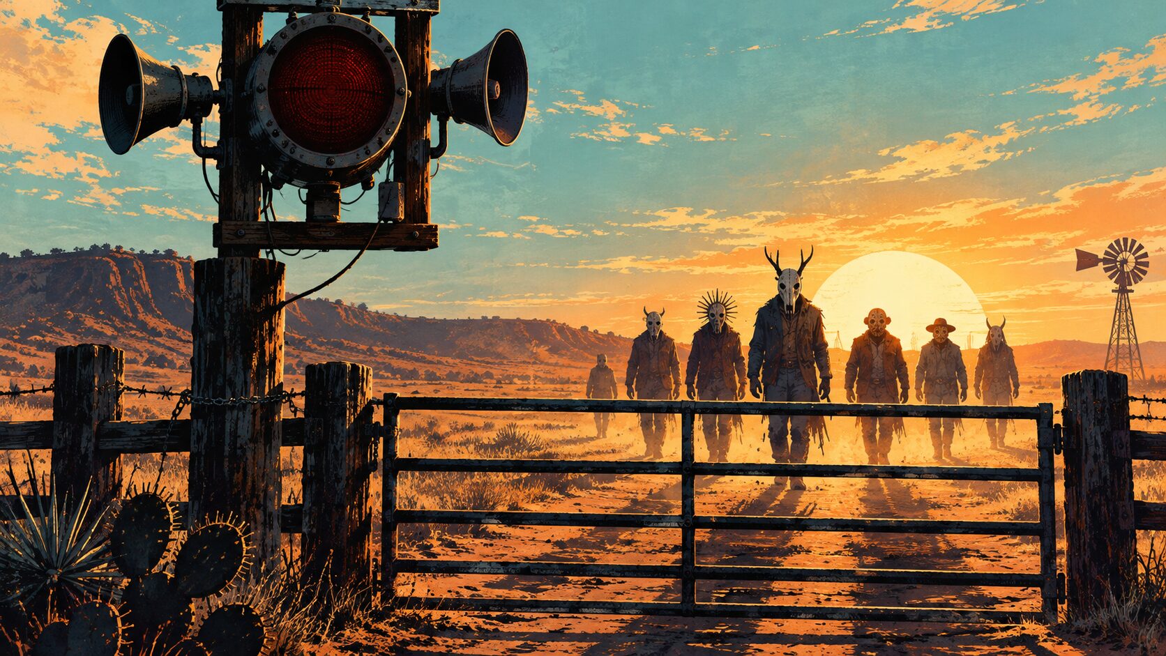 Eigen getekende illustratie van een Texas-ranch bij zonsopgang: een doofgeworden sirene en gemaskerde figuren die na de nacht nog op het hek afkomen; geen filmbeeld.