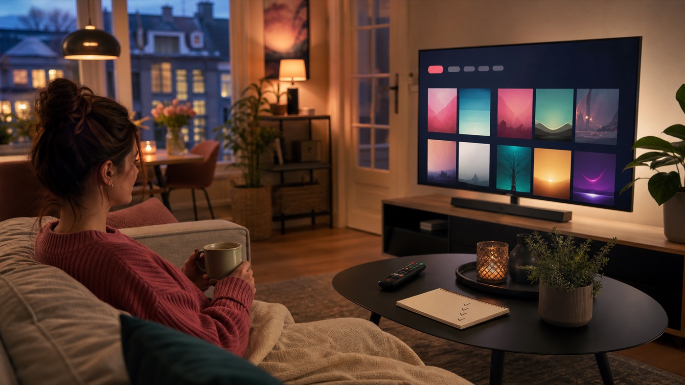 Een woonkamer met een streaminginterface op tv en een notitieblok met keuzes.